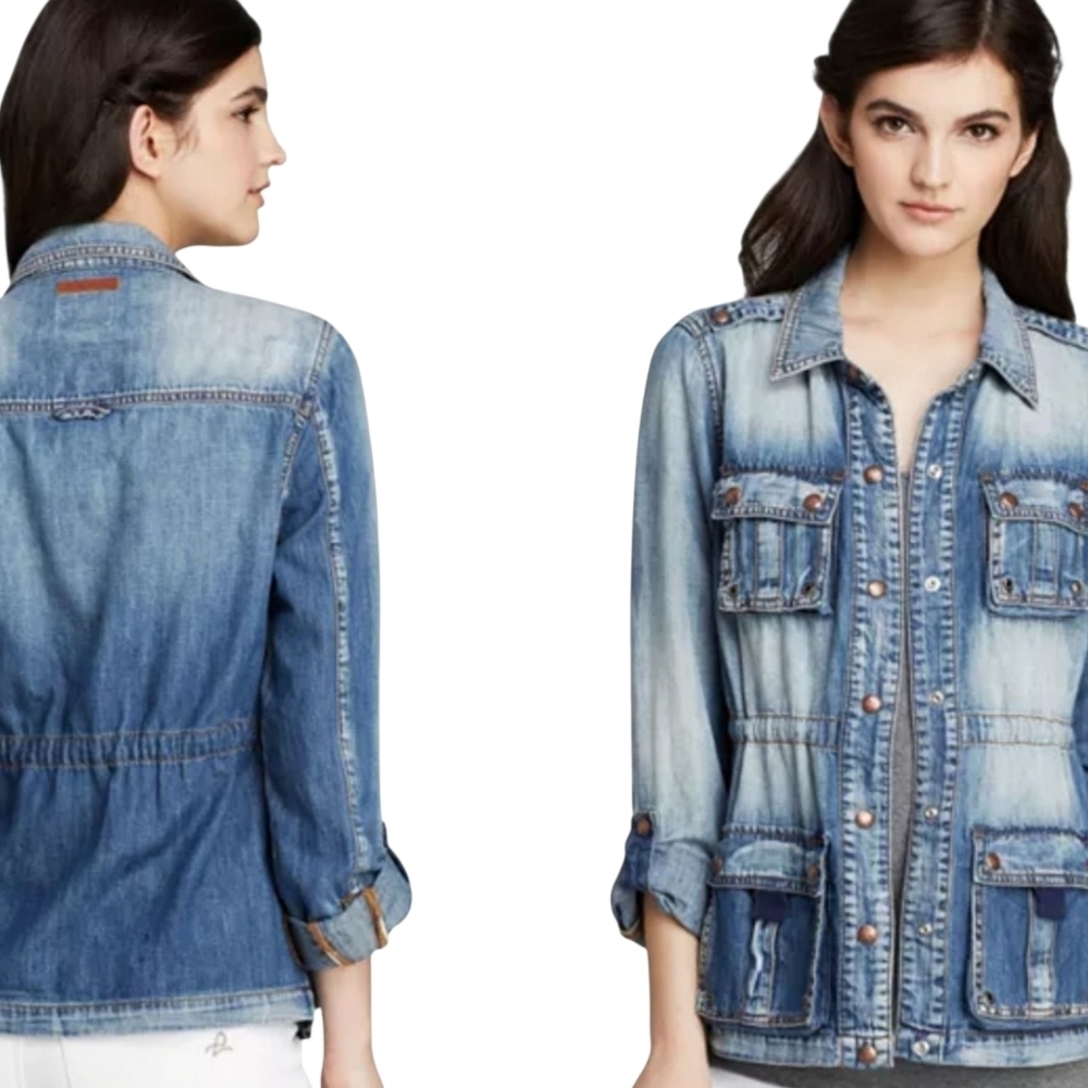 GUESS Women's Denim Cargo Roll-Tab Long-Sleeves Jacket Size Small